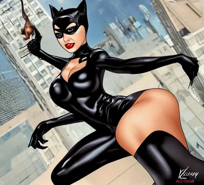 Prompt: catwoman on skyscraper roof, leather costume, extremely detailed face, extremely beautiful, big breasts, true anatomy, style of inhyuk lee