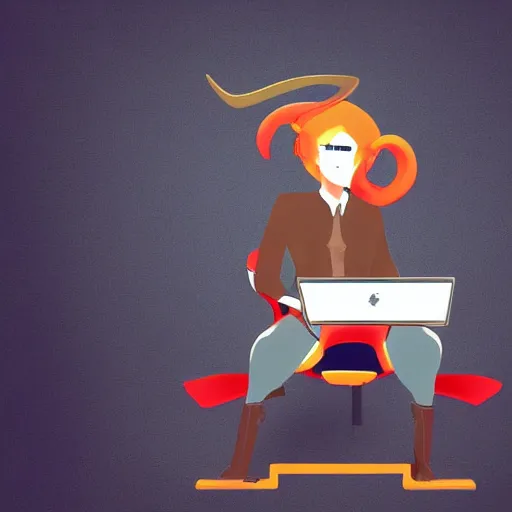 Image similar to a demon programmer gentleman ~ using a laptop ~ lava background ~ digital art ~ two horns ~ sitting on a chair ~