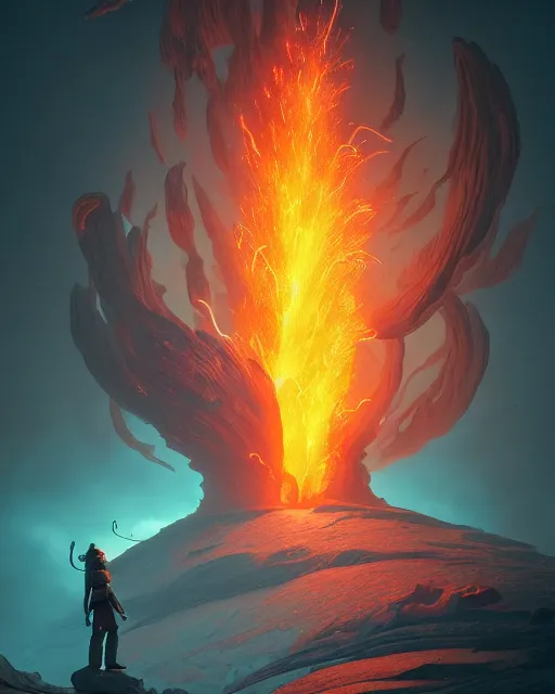 Image similar to highly detailed surreal vfx portrait of a futuristic fire mage in a volcano with lava, stephen bliss, unreal engine, greg rutkowski, loish, rhads, beeple, makoto shinkai and lois van baarle, ilya kuvshinov, rossdraws, tom bagshaw, alphonse mucha, global illumination, detailed and intricate environment