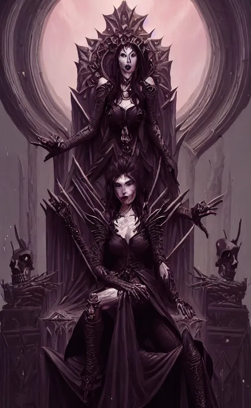 Image similar to desirable Vampire woman sitting on a skull throne with undead knights around her, fantasy, intricate, elegant, highly detailed, digital painting, artstation, concept art, matte, sharp focus, illustration, art by artgerm and Greg Rutkowski, dreadjim, zeen chin