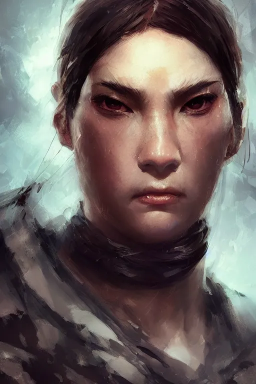 Image similar to powerfull and fierce ninja, close - up portrait, fierce, intricate, elegant, volumetric lighting, scenery, digital painting, highly detailed, artstation, sharp focus, illustration, concept art, ruan jia, steve mccurry