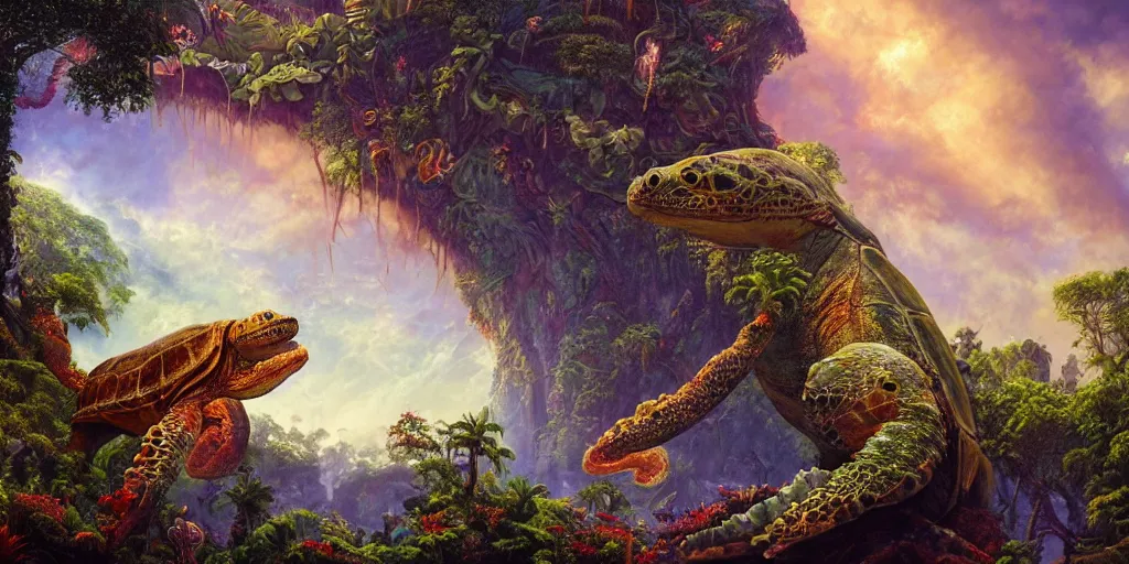 Image similar to fantasy oil painting, great leviathan, turtle cephalopod terrapin reptilian pachyderm amphibian hybrid, rainforest mountains, lush plants flowers, epic natural light, bright clouds, luminous sky, outer worlds, bright cinematic lighting, michael cheval, michael whelan, vray, 8 k hd