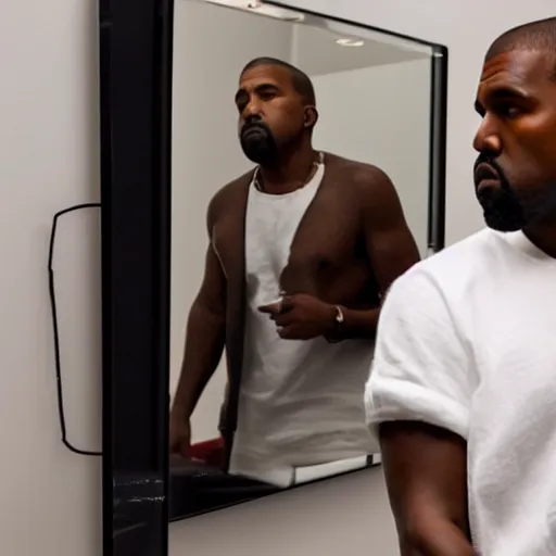 Prompt: ultra wide angle photo of kanye west is looking at himself in a bathroom mirror and seeing his reflection as a giant