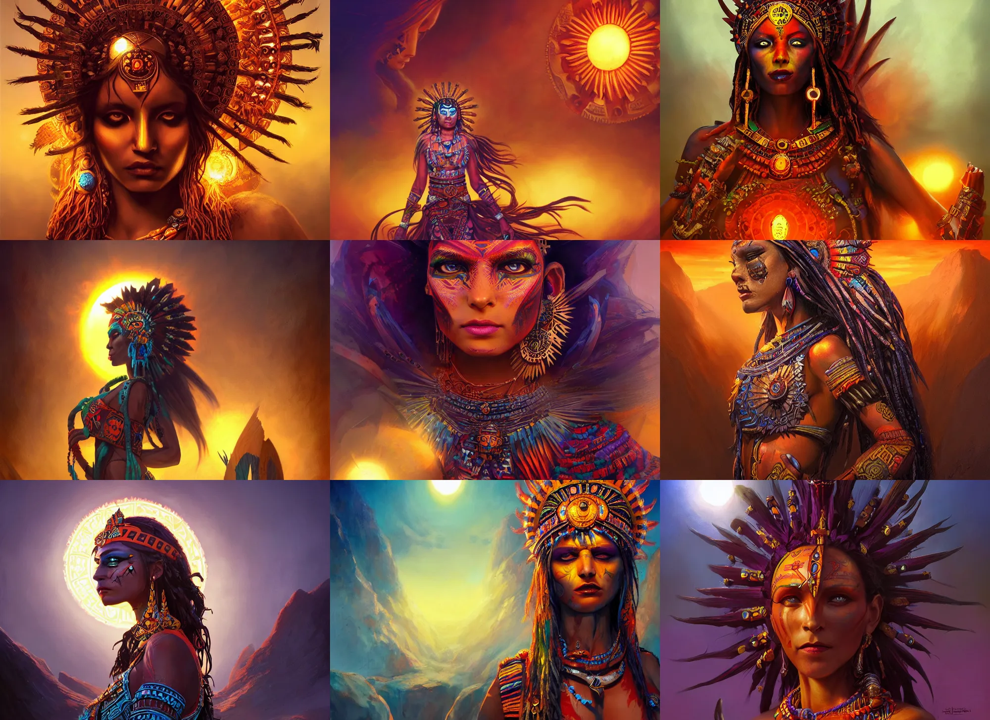 Image similar to aztec sun goddess, vivid colors, dark shadows, contrast, concept art, sharp focus, digital art, Hyper-realistic, 4K, Unreal Engine, Highly Detailed, Dramatic Lighting, Beautiful, by Brom, bastien lecouffe-deharme