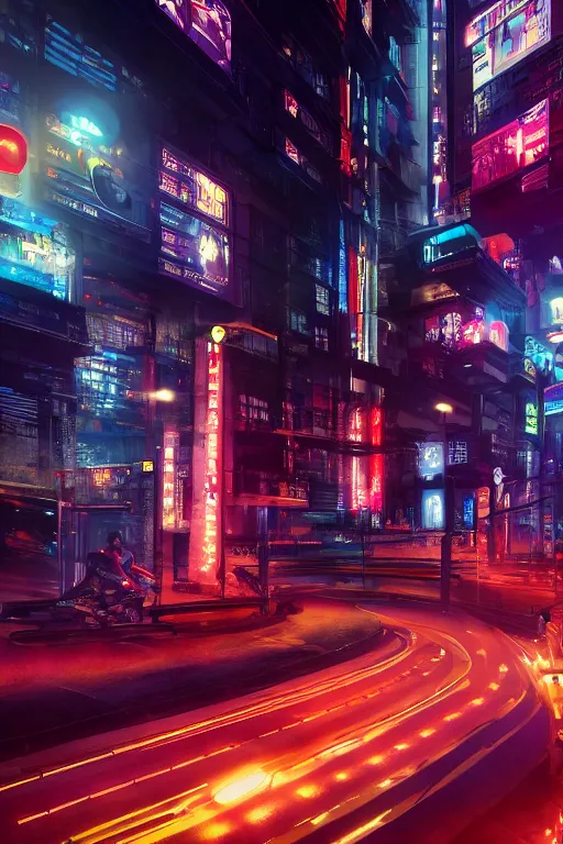 Prompt: Futuristic Asian city at night with rain, Cyberpunk style, Motorcycle, Neon lights, Matte paiting, cinematic lighting, corona render, smoke, light rays, 8k