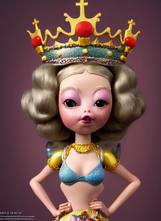 Image similar to highly detailed closeup, face profile portrait of a tin toy fairytale princess wearing a crown eating cakes, bikini, unreal engine, by nicoletta ceccoli, mark ryden, lostfish, dan decarlo, bob clampett, max fleischer, global illumination, detailed and intricate environment