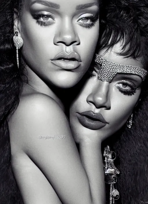 Image similar to portrait of rihanna and lady gaga, for vogue magazin, by charlotte grimm, natural light, detailed face, beautiful features, symmetrical, highly detailed, highly realistic, high resolution, canon eos c 3 0 0, ƒ 1. 8, 3 5 mm, 8 k, medium - format print, half body shot