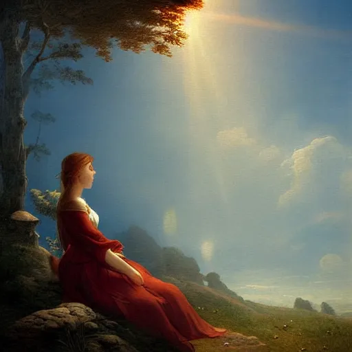 Prompt: a beautiful painting of a woman in a white cotton dress pondering life as she watches the sun set, nature, deviantart, fantasy art, sunrays shine upon it, deviantart, mystical, art style by claude joseph vernet and caspar david friedrich