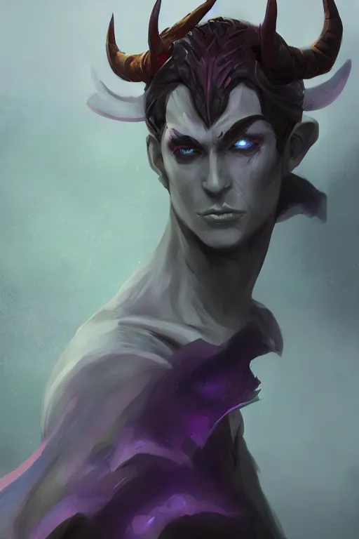 Image similar to djinn man male demon, portrait, full body character concept art, purple cloak, costume design, illustration, white horns from eyebrows, single face, cinematic color grading, editorial photo, fashion, hyperrealism, trending on artstation, Charlie Bowater, WLOP