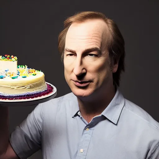 Image similar to bob odenkirk, holding a birthday cake, studio photograph, cinematic lighting