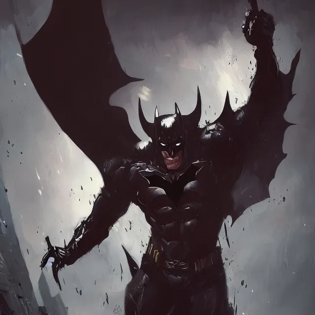 Image similar to a painting of a demonized batman by greg rutkowski, dark fantasy art, high detail, trending on artstation