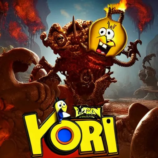 Prompt: Sponebob in Doom eternal slaying demons, amazing cover art, no text