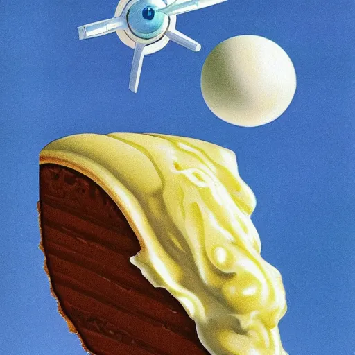 Prompt: a scoop of vanilla ice cream, on a slice of pie. melting, dripping down the side, pie ala mode, blue background, chesley bonestell, vincent di fate