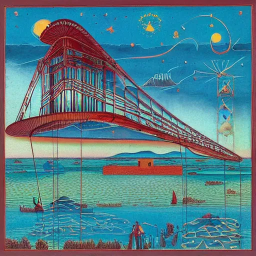 Image similar to aesthetic by george pemba, by heinrich lefler mexican muralism, charming. a sculpture of a group of flying islands, each with its own unique landscape, floating in the night sky. the islands are connected by a network of bridges. a small group of people can be seen walking along one of the bridges.