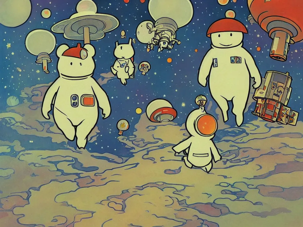 Prompt: moomins in space suits flying around with jetpacks discovering the mushroom planet, looking cute, photorealistic painting, warm colors, fluffy, cozy, dreamy, low light, art by alphonse mucha, trending on artstation