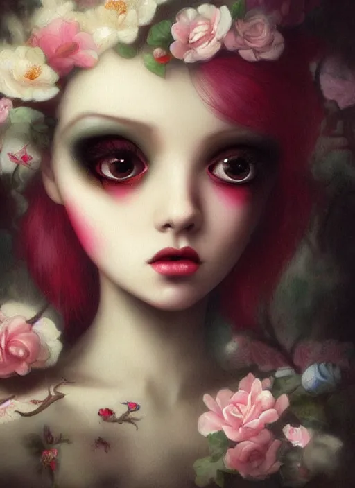 Prompt: pop surrealism, lowbrow art, realistic cute seductive feminine girl painting, japanese street fashion, hyper realism, muted colours, rococo, natalie shau, loreta lux, tom bagshaw, mark ryden, trevor brown style,