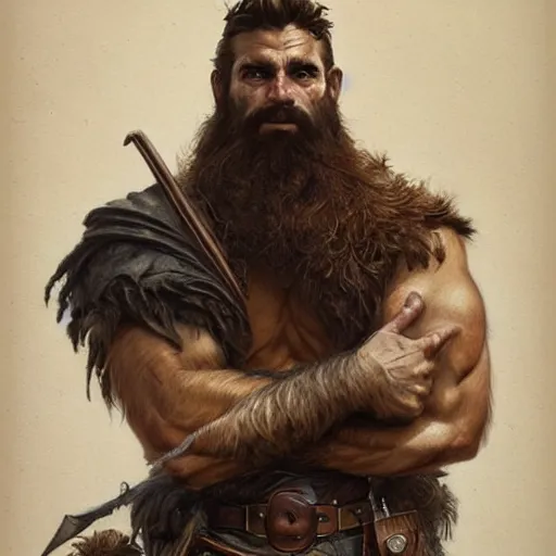 Image similar to portrait of a gruff ranger, muscular, upper body, hairy body, D&D, fantasy, intricate, elegant, highly detailed, digital painting, artstation, concept art, matte, sharp focus, illustration, art by Artgerm and Greg Rutkowski and Alphonse Mucha