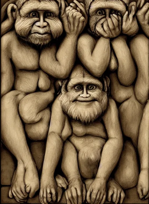 Image similar to three wise monkeys, see no evil, hear no evil, speak no evil, ralph goings, digital art