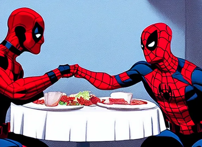 Prompt: film still of Deadpool and Spiderman having a romantic dinner in the new Spiderman movie, 4k