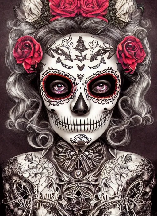 Prompt: portrait of a sugar skull creepy doll, obsidian eyes, intricate, highly detailed, smooth, digital illustration, the dark and quirky art of scott radke