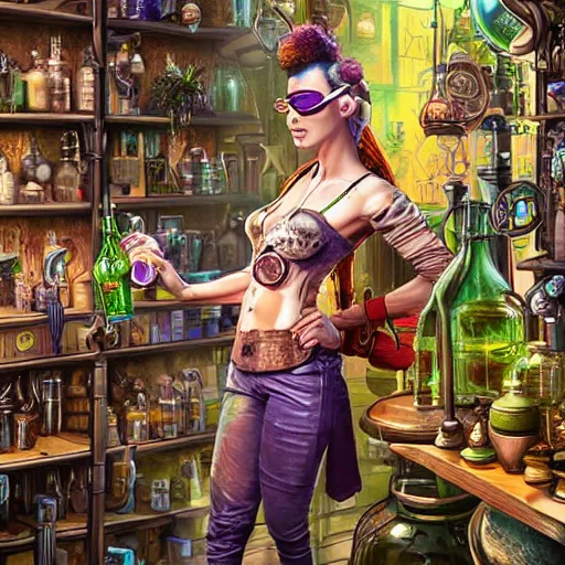 Prompt: a beautiful stunning interesting photorealistic digital illustration of a woman wearing steampunk safety goggles while mixing potions, in a potion shoppe, colorful bottles and plants, awesome and moody afrofuturism by marc poole and tyler edlin