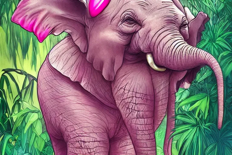 Image similar to cartoon elephant wearing a fuchsia bikini on a tightrope, thick jungle, luscious flowers, cute, fantasy, intricate, elegant, highly detailed, digital painting, 4k, HDR, concept art, smooth, sharp focus, illustration, art by artgerm and H R Giger and alphonse mucha