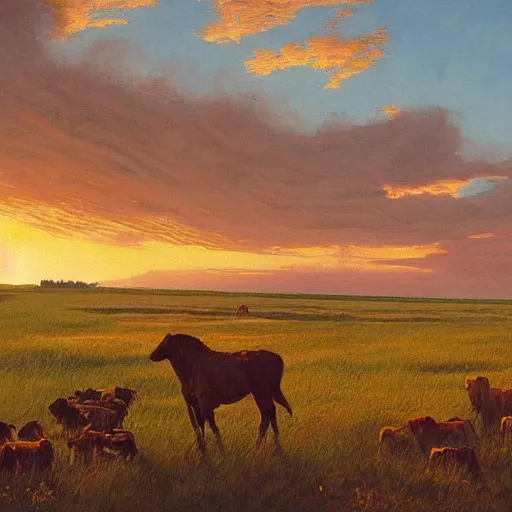Prompt: a highly detailed painting of a beautiful prairie landscape at sunset with a lone rancher desperately trying to corral 100 cattle, Normal Rockwell