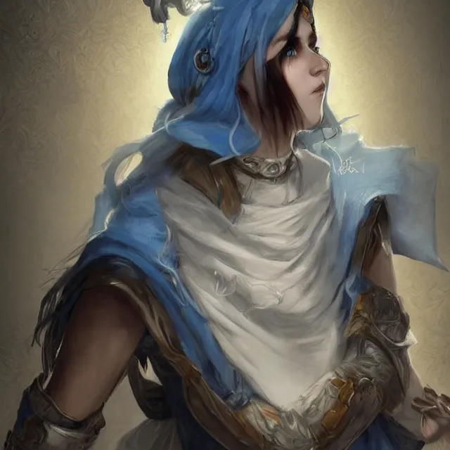 Image similar to Female Cleric with kerchief covering her ears, casting a glowing spell. Blue eyes, black hair, porcelain skin, full lips, high slanted cheekbones. Fantasy art, elegant, highly detailed, dramatic lighting, illustration, award winning on artstation, D&D, Dungeons and Dragons, roleplaying.