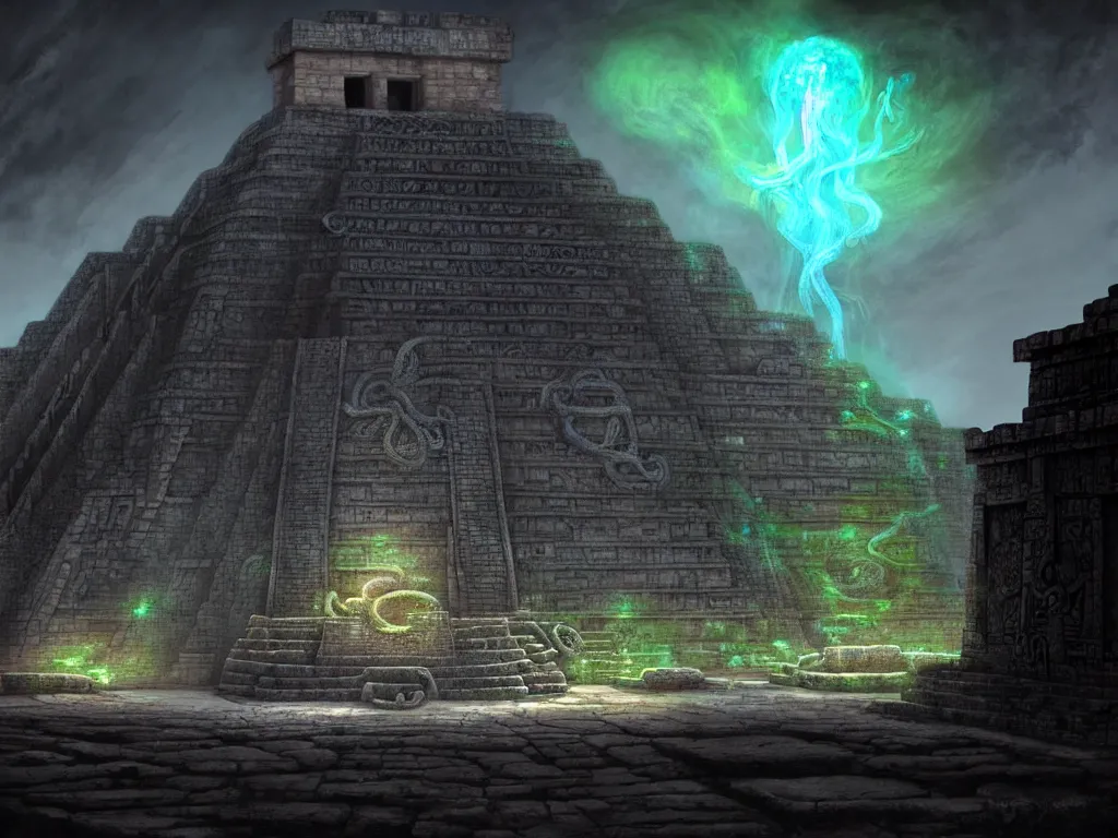 Prompt: A mixed medium image of a mysterious ancient Mayan temple with tentacles coming out of the massive entrance art by Jordan Grimmer, ominous, cosmic horror, +volumetric lighting, very detailed, extremely detailed, Unreal Engine 5, Cycles Render, Ultra detailed, hyper realistic, 4k