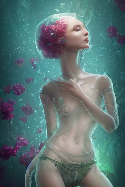 Prompt: ultra realistic 3 d render of a floral biome breaking out of the inside of a beautiful transparent glass women figure shattering, by charlie bowater
