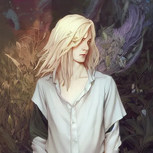 Image similar to Lucius the delicate androgynous pale blond prince league of legends on his day off, white poet shirt, long fluffy curly blond hair, highly detailed, digital painting, artstation, concept art, smooth, sharp focus, illustration, ArtStation, art by artgerm and greg rutkowski and alphonse mucha and Edmund Blair Leighton and Charlie Bowater