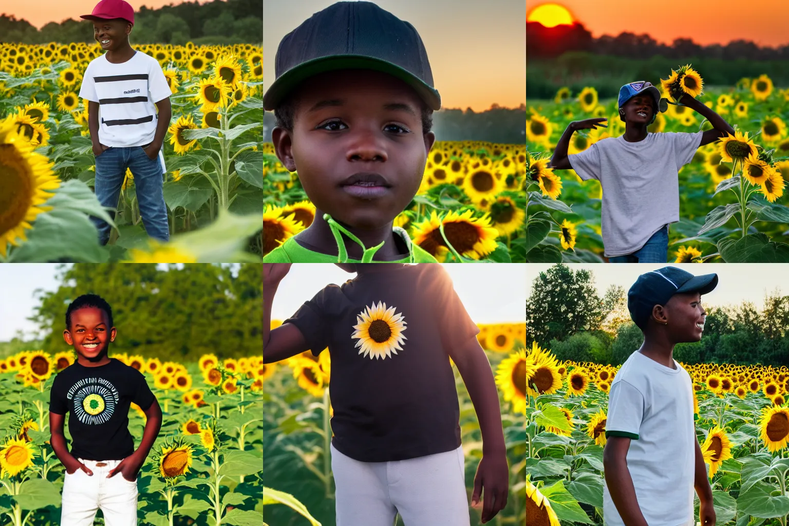 Prompt: A black boy with white t-shirt and green jeans and a green cap standing in a sunflower field with bees flying around him while sun is setting in the background, professional photography