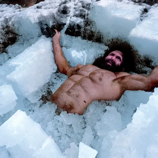 Prompt: caveman encased in a huge block of ice. national geographic. contest winning. trapped, stuck, fixed, immobile, surrounded, snowy