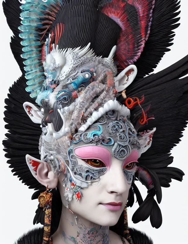 Image similar to 3 d goddess close - up profile portrait punk with mohawk with ram skull. beautiful intricately detailed japanese crow kitsune mask and clasical japanese kimono. betta fish, jellyfish phoenix, bio luminescent, plasma, ice, water, wind, creature, artwork by tooth wu and wlop and beeple and greg rutkowski