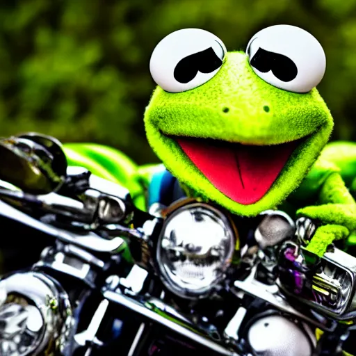 Image similar to slimy kermit the frog leaning against a motorcycle. gq magazine wide angle photograph.