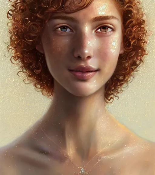 Image similar to portrait of teenage aphrodite, light freckles, curly copper colored hair, smiling kindly, wearing an embroidered white linen dress, intricate, elegant, mother of pearl jewelry, glowing lights, highly detailed, digital painting, artstation, concept art, smooth, sharp focus, illustration, art by wlop, artgerm, and greg rutkowski