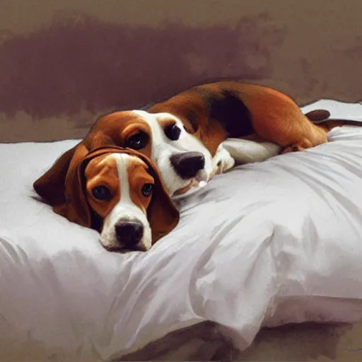 Prompt: a beagle lying on the bed, digital painting, smooth, elegant, hd, art by wlop and artgerm and greg rutkowski and alphonse mucha