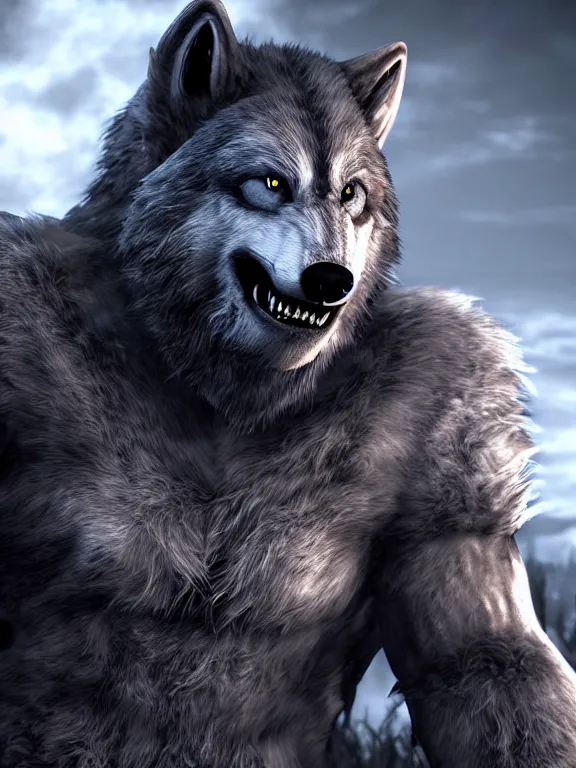 Image similar to cute handsome cuddly werewolf from van helsing unreal engine hyperreallistic render 8k character concept art masterpiece screenshot from the video game the Elder Scrolls V: Skyrim