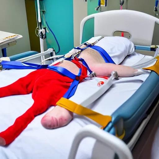 Image similar to crazy clown in hospital bed with wrist restraints on, restraints have fabric straps attached to hospital bed, photograph, 8 k