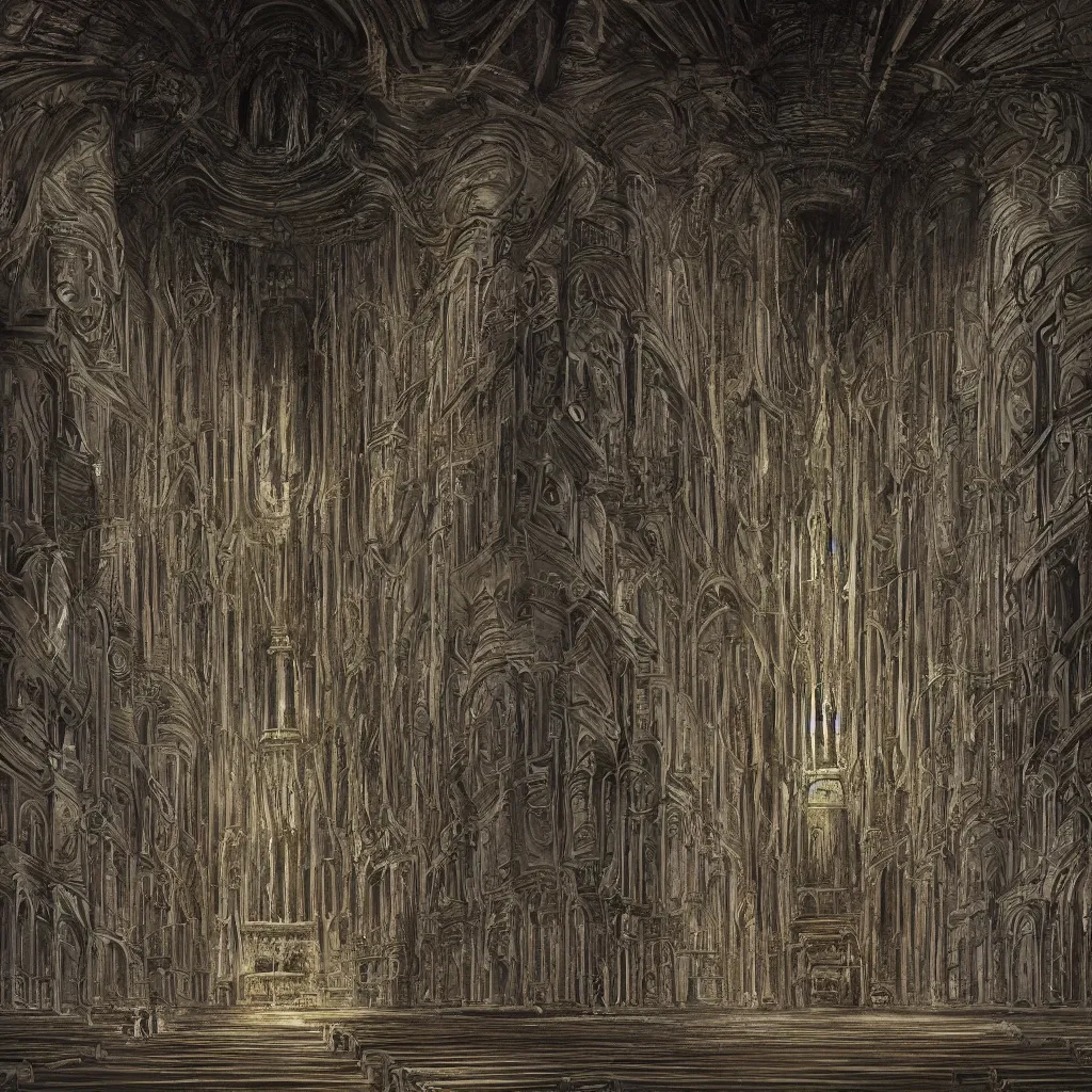 Image similar to digital painting of church interior designed by H R Giger, H.R. Giger style, Alien, Necronomicon, concept art, matte painting, digital painting, realism, 8K, RAW, unedited, symmetrical balance, in-frame