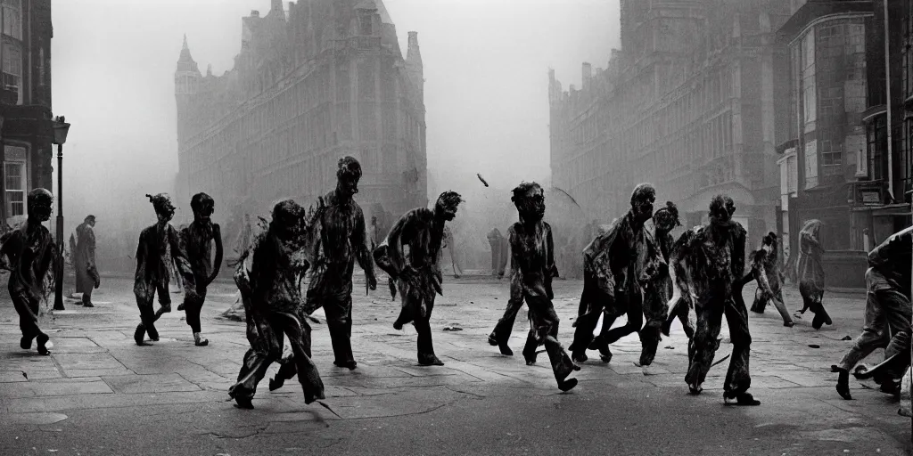 Prompt: Zombies shuffling down a london street , frightening, ghastly, photorealistic, old film, 35mm film, found film, scary, ominous,, by bruce davidson, on hasselblaad