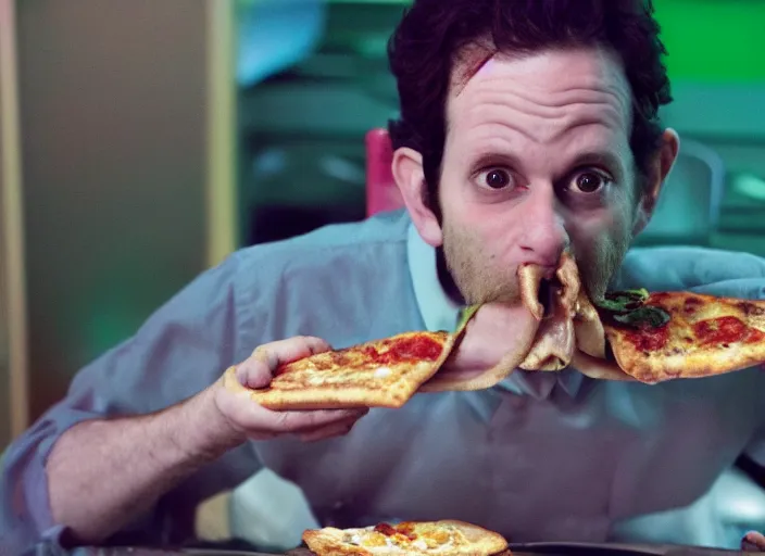 Image similar to cinematic portrait of charlie kaufman eating pizza at chuck - e - cheese, with sloppy cheesy sauce getting slopped up all over the place, dramatic lighting, moody film still from being john malkovich ( 2 0 1 6 ), 3 5 mm kodak color stock, detailed face, 2 4 mm lens, directed by spike jonze, ecktochrome