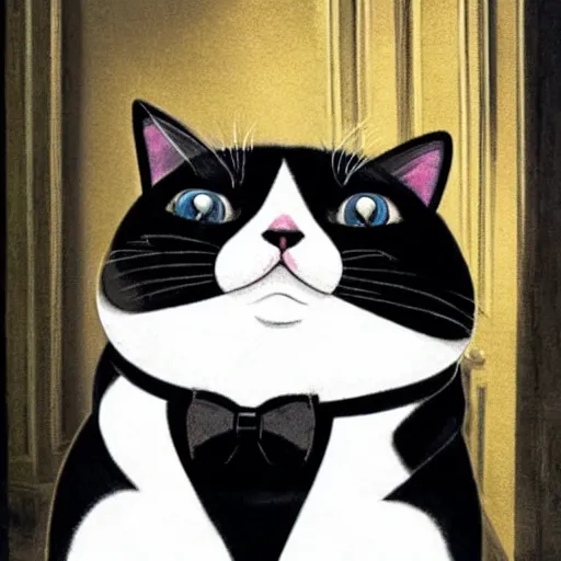 Image similar to photograph of a very fat and judgmental cat wearing a full tuxedo sitting in a dimly lit parlor lounge