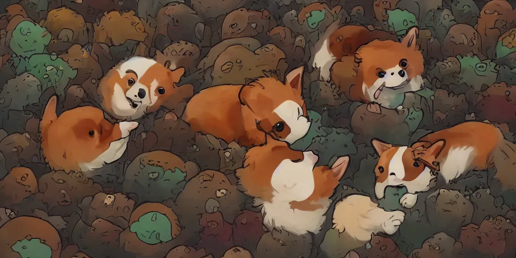 Prompt: cute corgi monster destroying the city eating humans, by Alyssa Monks, Andreas Rocha, David Kassan, Neil Blevins, Tuomas Korpi, ArtGerm , trending on Artstation, 8k, masterpiece, graffiti, hiphop