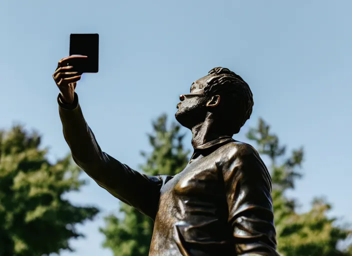 Prompt: photo still of a bronze statue of a person using an iphone to take a selfie, park on a bright sunny day, 8 k 8 5 mm f 1 6 1 0 0 0