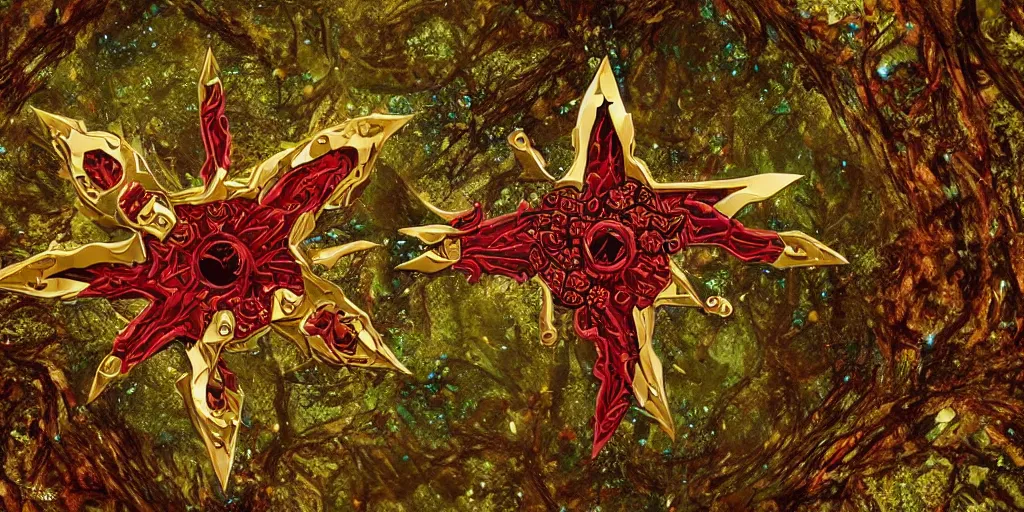 Image similar to cu of a large five armed golden, ruby and emerald encrusted shuriken weapon, flying thru a ancient forest