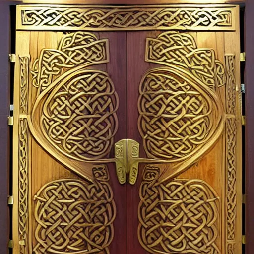 Prompt: wooden door made of gold gates nordic celtic in the top piece of a phoenix