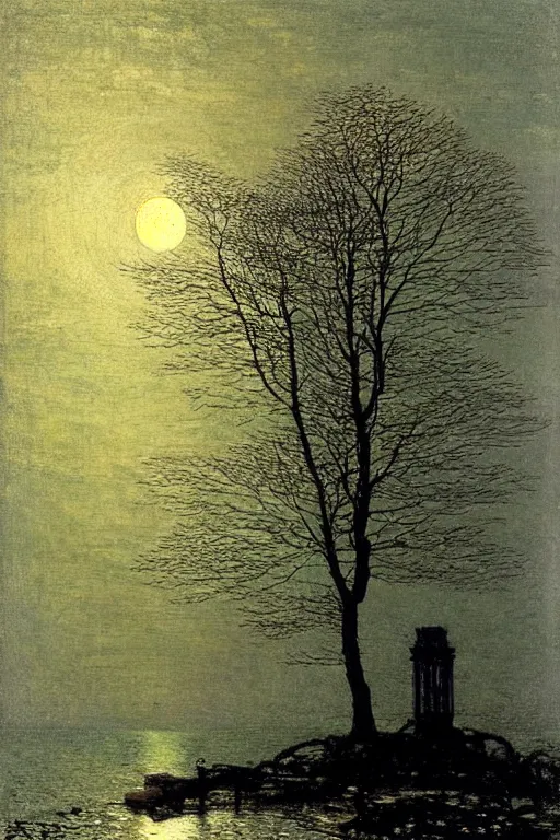 Prompt: a winter tree temple on a rock at sea, moon sky at night, john atkinson grimshaw