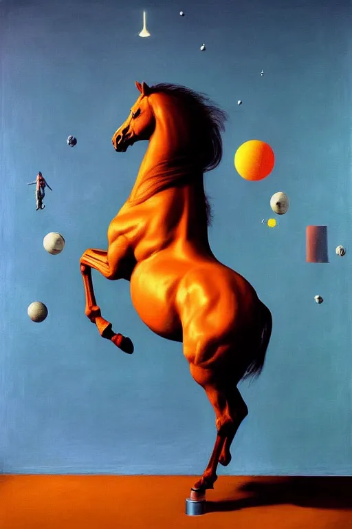 Prompt: horse levitates over an astronaut, hauntingly surreal, highly detailed painting by francis bacon, edward hopper, adrian ghenie, gerhard richter, and james jean soft light 4 k,