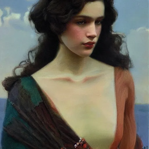 Image similar to a oil painting of a fair skin with dark curly stylised hair queen wearing dress, by frederick william elwell, by nicholas roerich highly detailed, realistic, concept art, jewels, oriental, desaturated